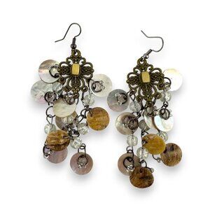 Vintage Mother-of-Pearl Cascade Cluster Chandelier Earrings Boho Brass